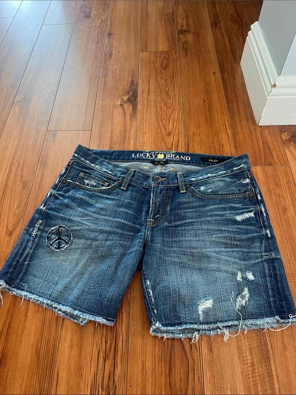 Lucky Brand Dark Blue Distressed Denim Shorts with Frayed Hem